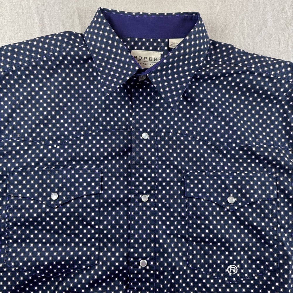 Roper Western Pearl Snap Shirt Mens L Purple Geometric Square Long Sleeve Rodeo